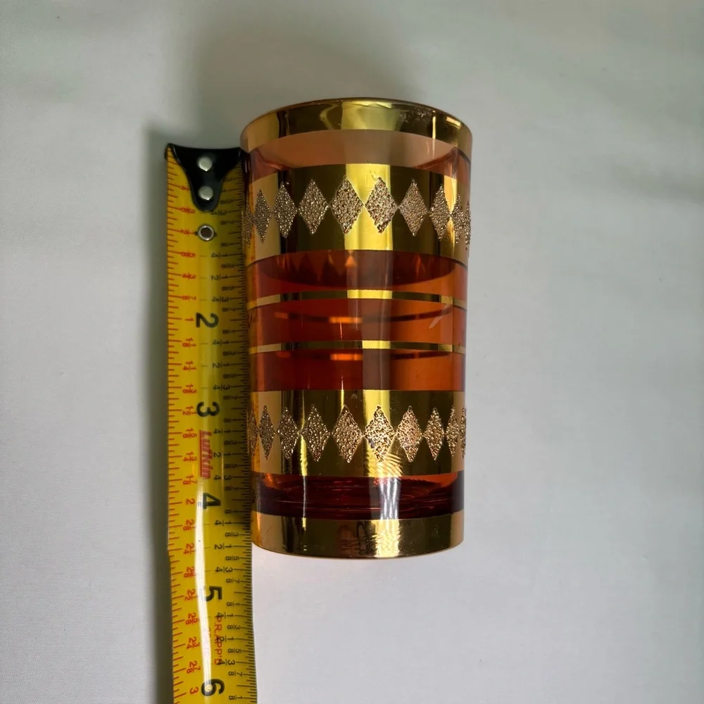 Vintage Amber Gold Geometric Trim Glass Tumblers - Set of 10 Mid-century